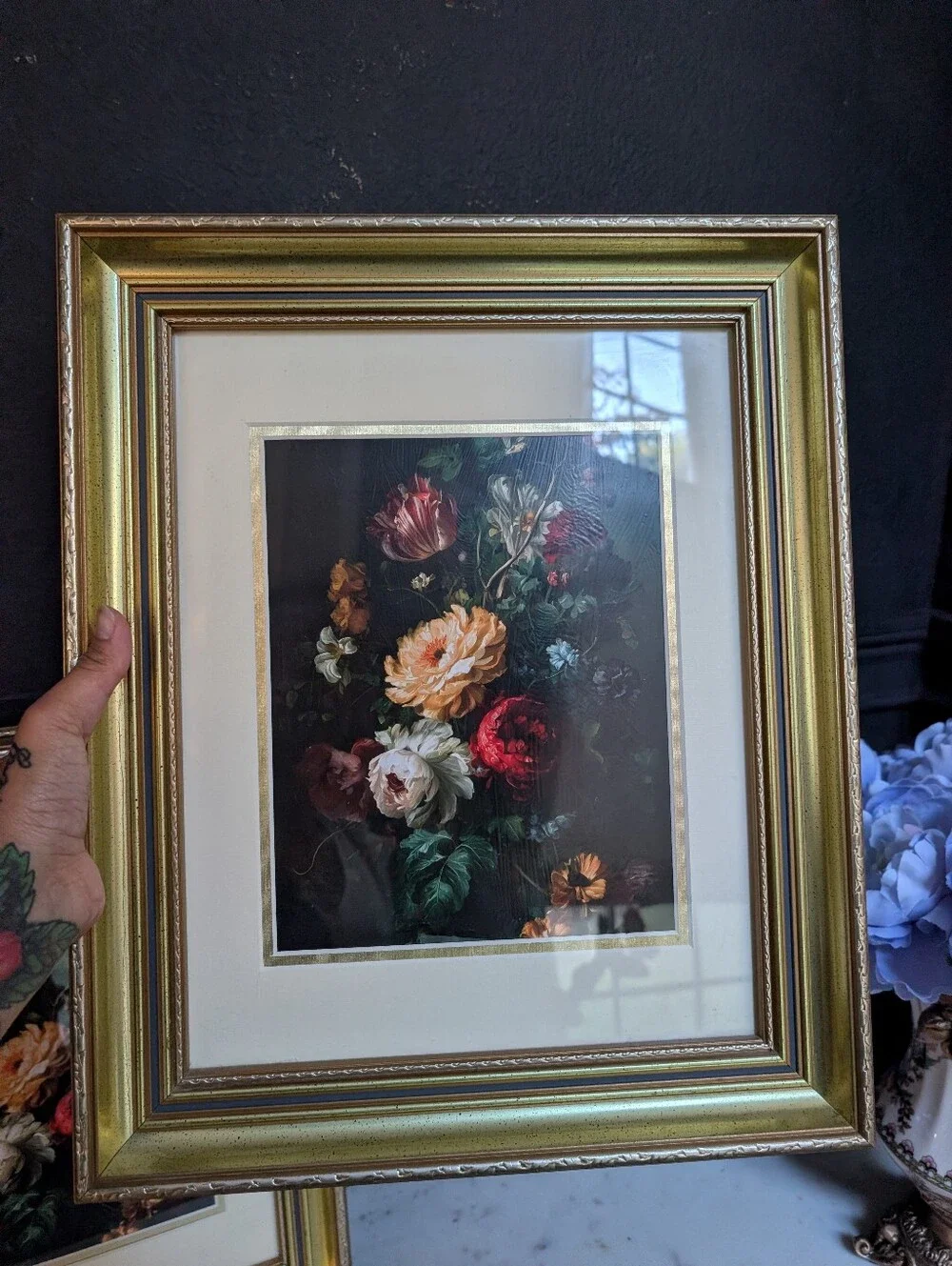 Vintage, set of 2, Gold Detail Wood Matted Frame w/ vintage style Floral Prints
